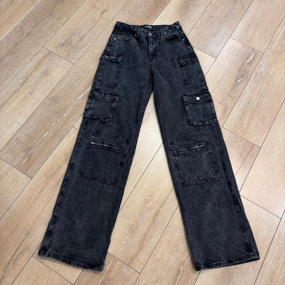 Fashion Nova Womens Acid Wash Black Cargo Jeans Wide Leg Utility Pants Size 7
